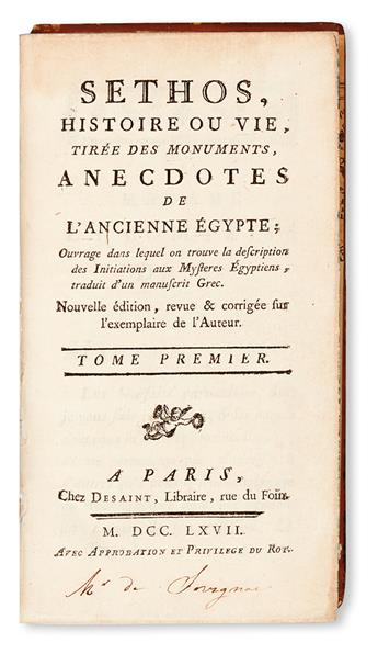 [TERRASSON, JEAN.]  Sethos, Histoire ou Vie, tirée des Monuments, Anecdotes de lAncienne Égypte . . . Nouvelle Édition. 2 vols. 1767